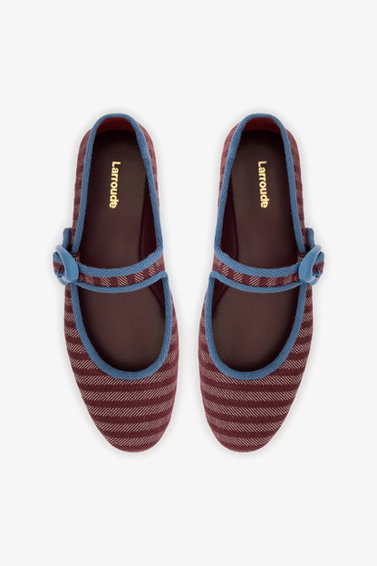 Verona Ballet Flat In Wine Striped Fabric and Blue Stoned Trimming - Larroude