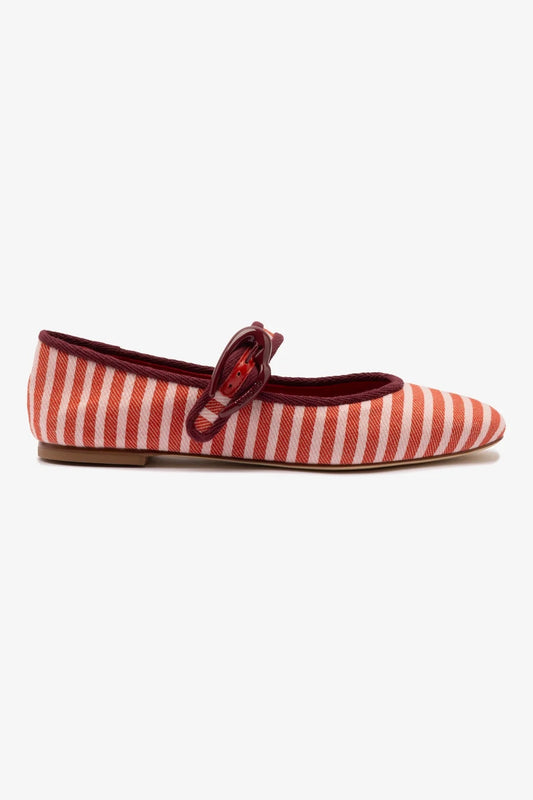 Verona Ballet Flat In Tulip and Carmine Striped Fabric and Burgundy Trimming - Larroude