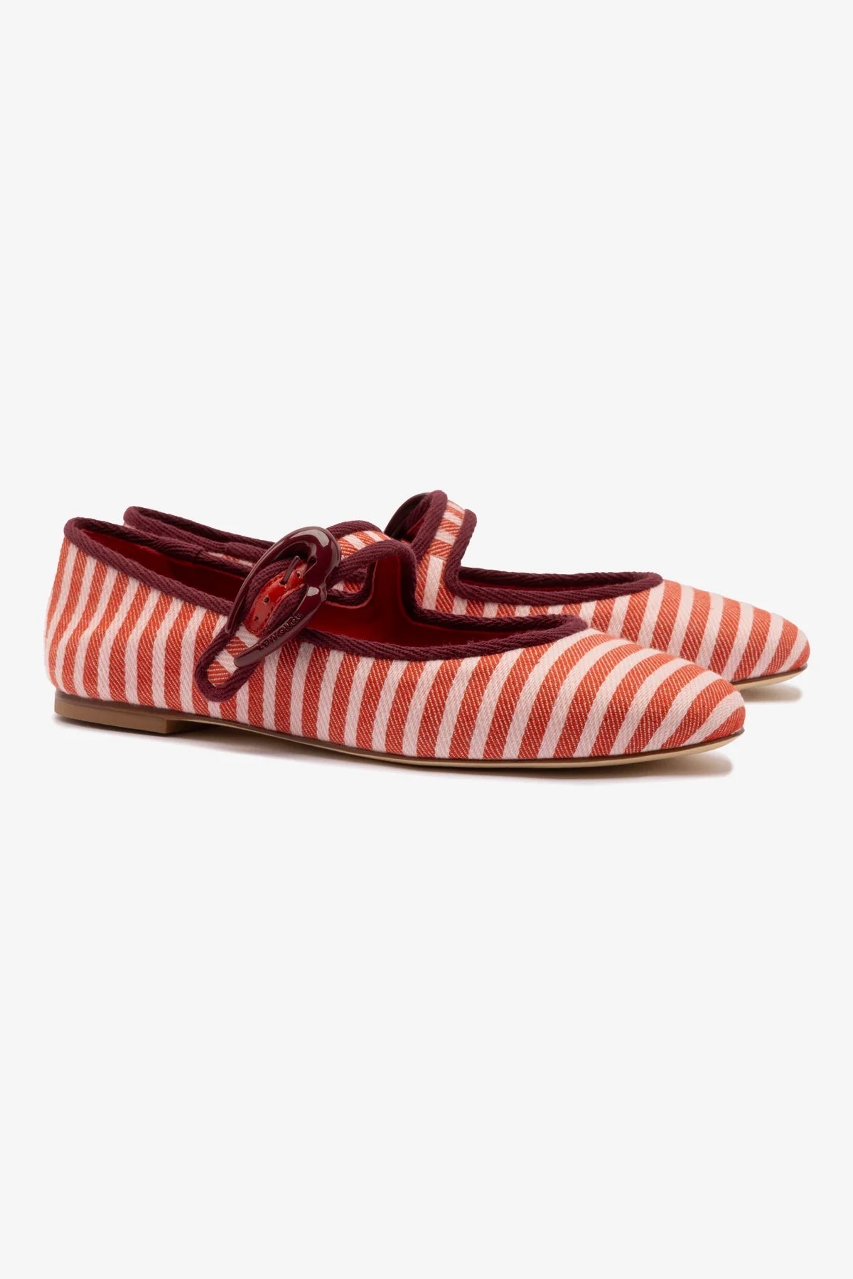 Verona Ballet Flat In Tulip and Carmine Striped Fabric and Burgundy Trimming - Larroude