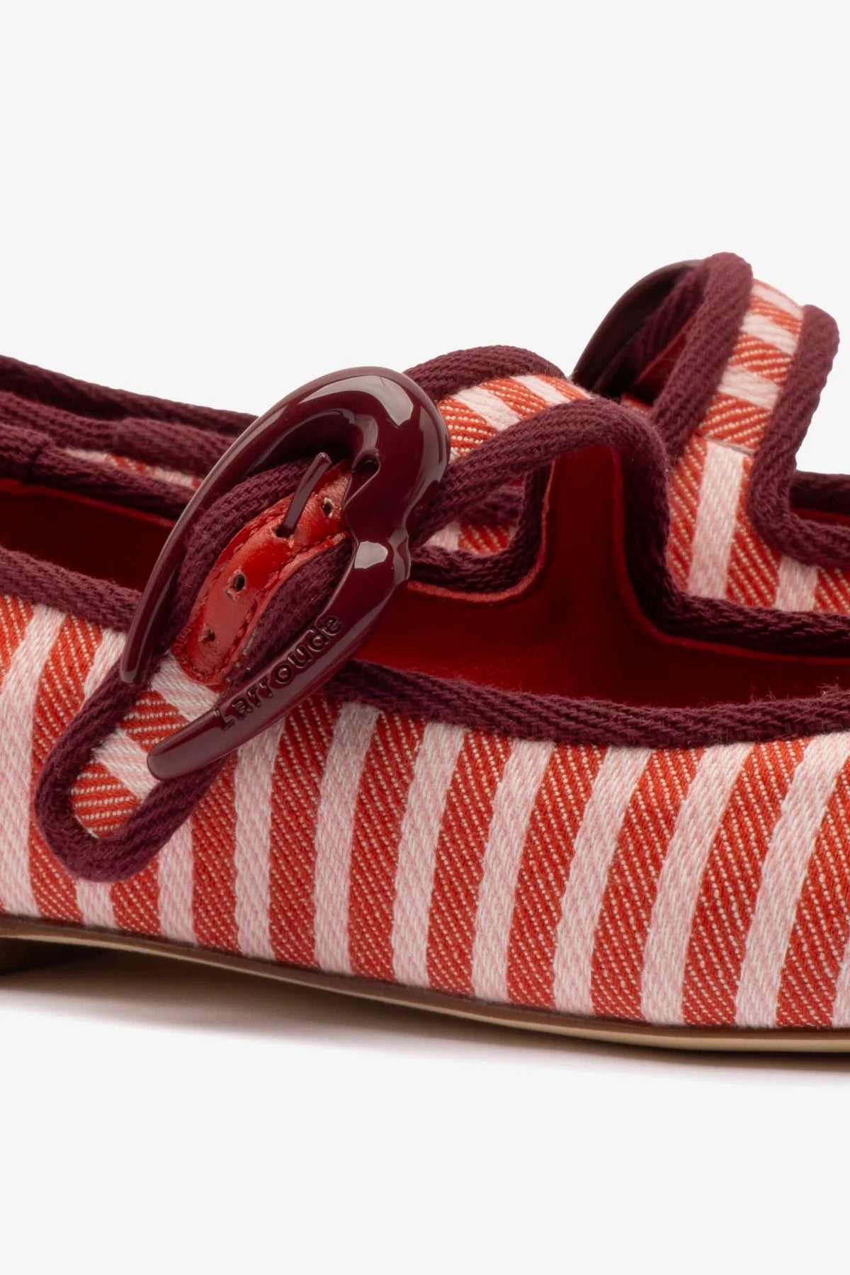 Verona Ballet Flat In Tulip and Carmine Striped Fabric and Burgundy Trimming - Larroude