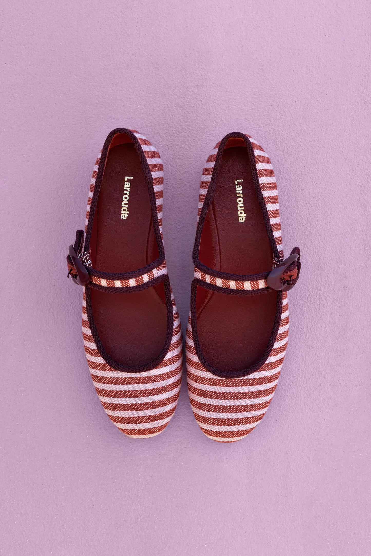 Verona Ballet Flat In Tulip and Carmine Striped Fabric and Burgundy Trimming - Larroude