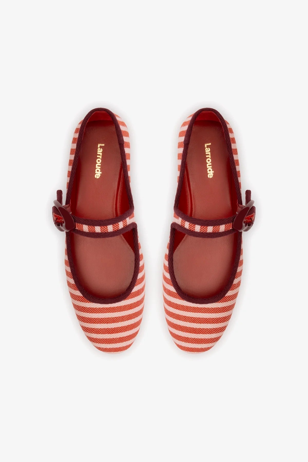 Verona Ballet Flat In Tulip and Carmine Striped Fabric and Burgundy Trimming - Larroude