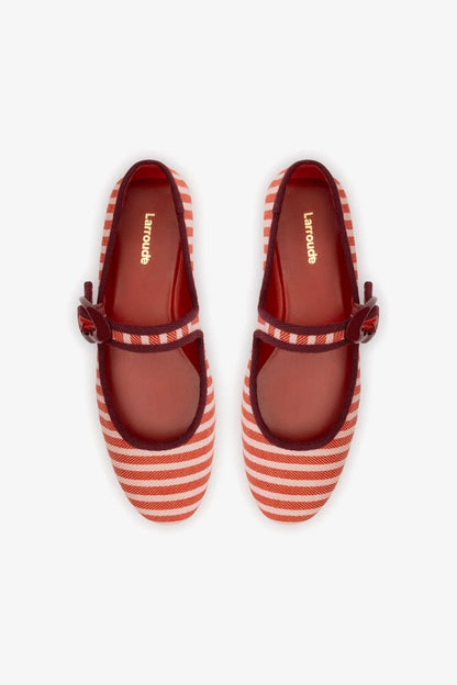 Verona Ballet Flat In Tulip and Carmine Striped Fabric and Burgundy Trimming - Larroude