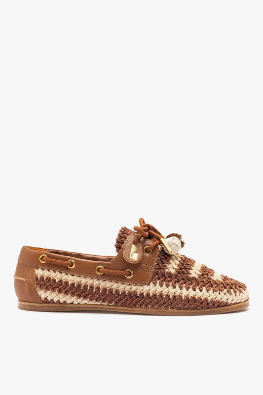 Cyprus Crochet Boat Shoe In Caramel and Ivory Crochet and Caramel Leather - Larroude