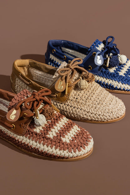 Cyprus Crochet Boat Shoe In Caramel and Ivory Crochet and Caramel Leather - Larroude