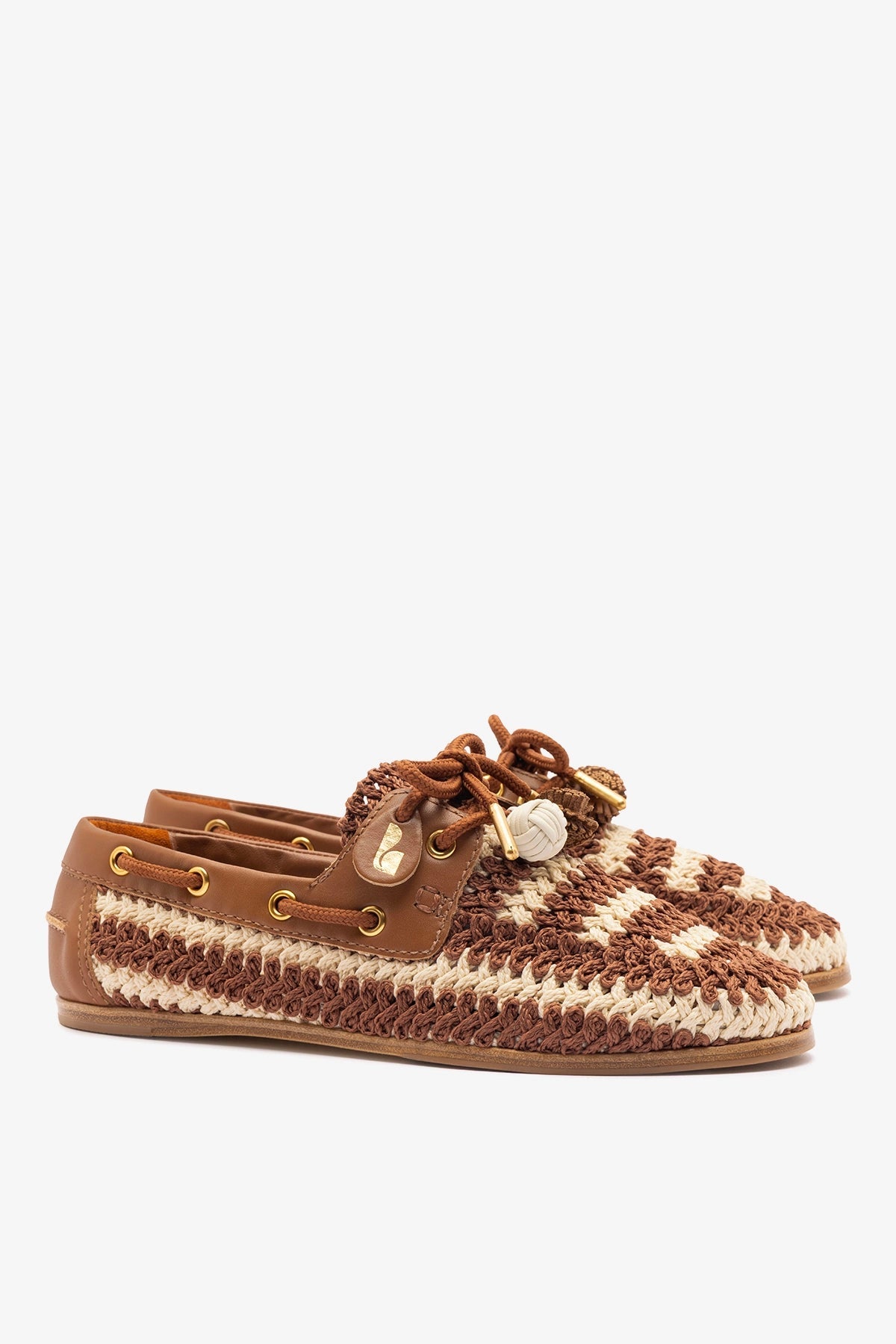Cyprus Crochet Boat Shoe In Caramel and Ivory Crochet and Caramel Leather - Larroude