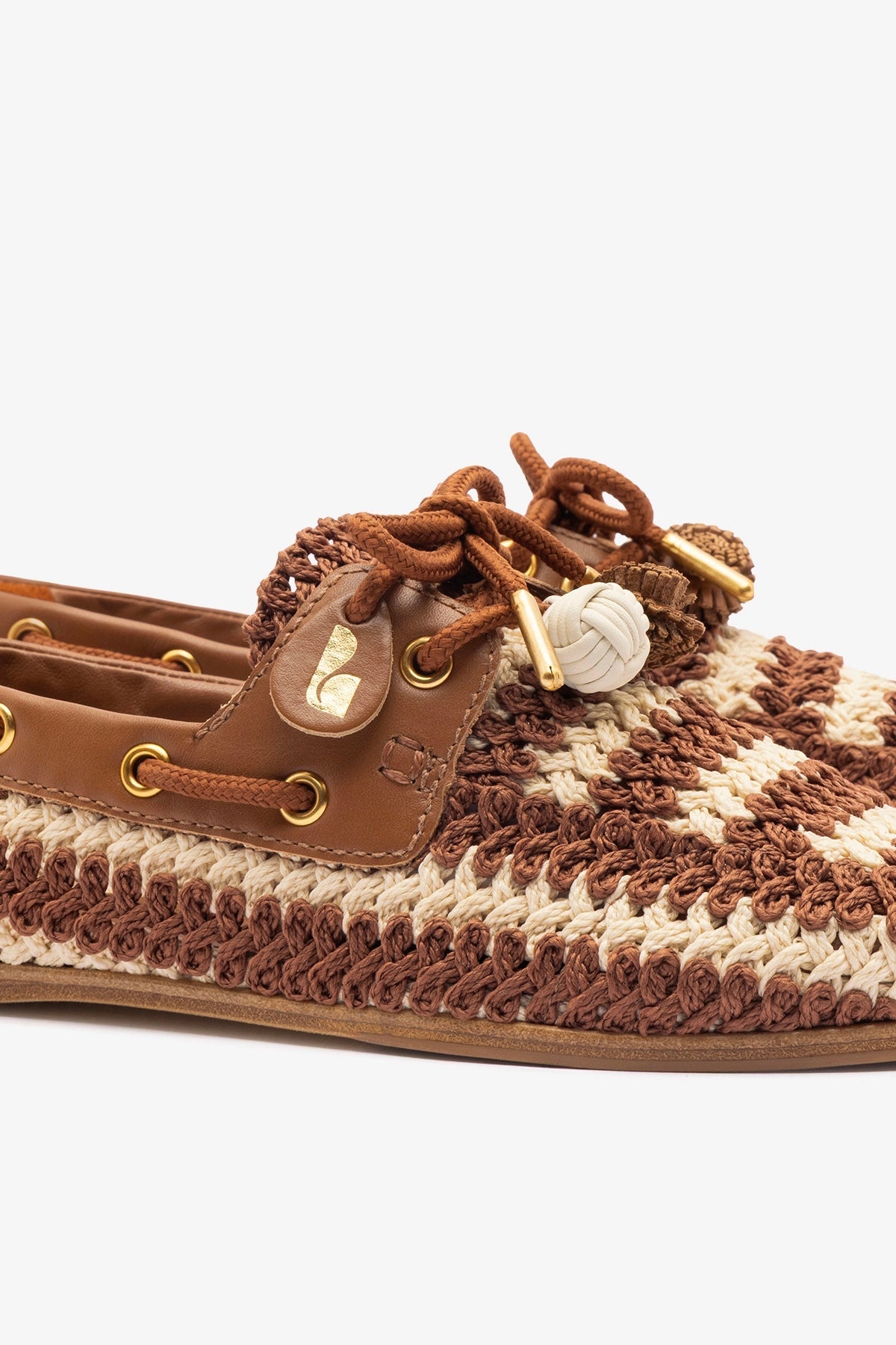 Cyprus Crochet Boat Shoe In Caramel and Ivory Crochet and Caramel Leather - Larroude