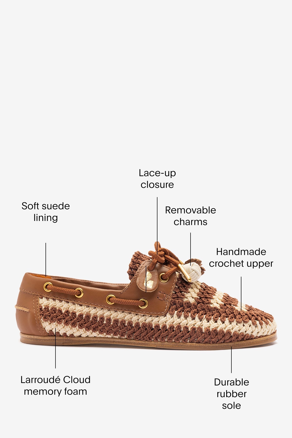 Cyprus Crochet Boat Shoe In Caramel and Ivory Crochet and Caramel Leather - Larroude
