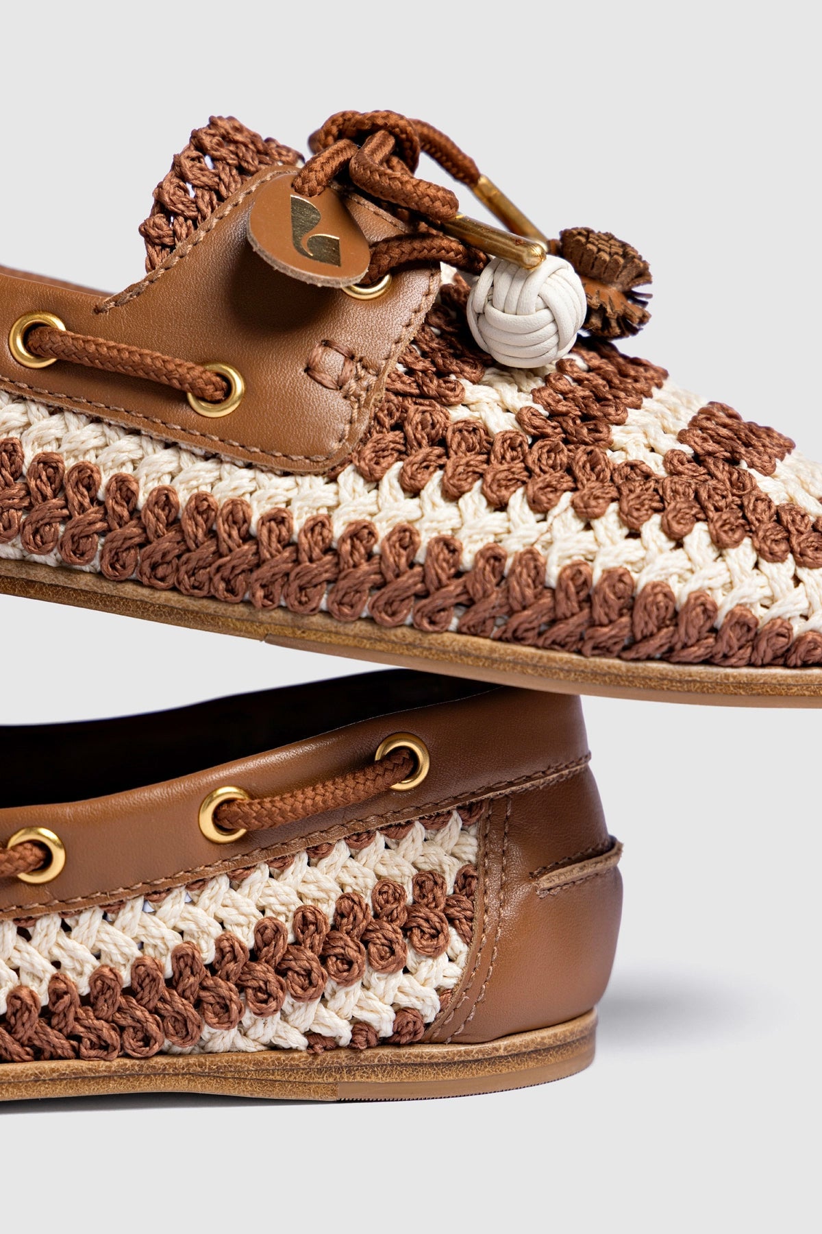Cyprus Crochet Boat Shoe In Caramel and Ivory Crochet and Caramel Leather - Larroude