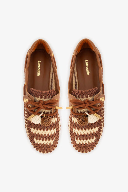 Cyprus Crochet Boat Shoe In Caramel and Ivory Crochet and Caramel Leather - Larroude