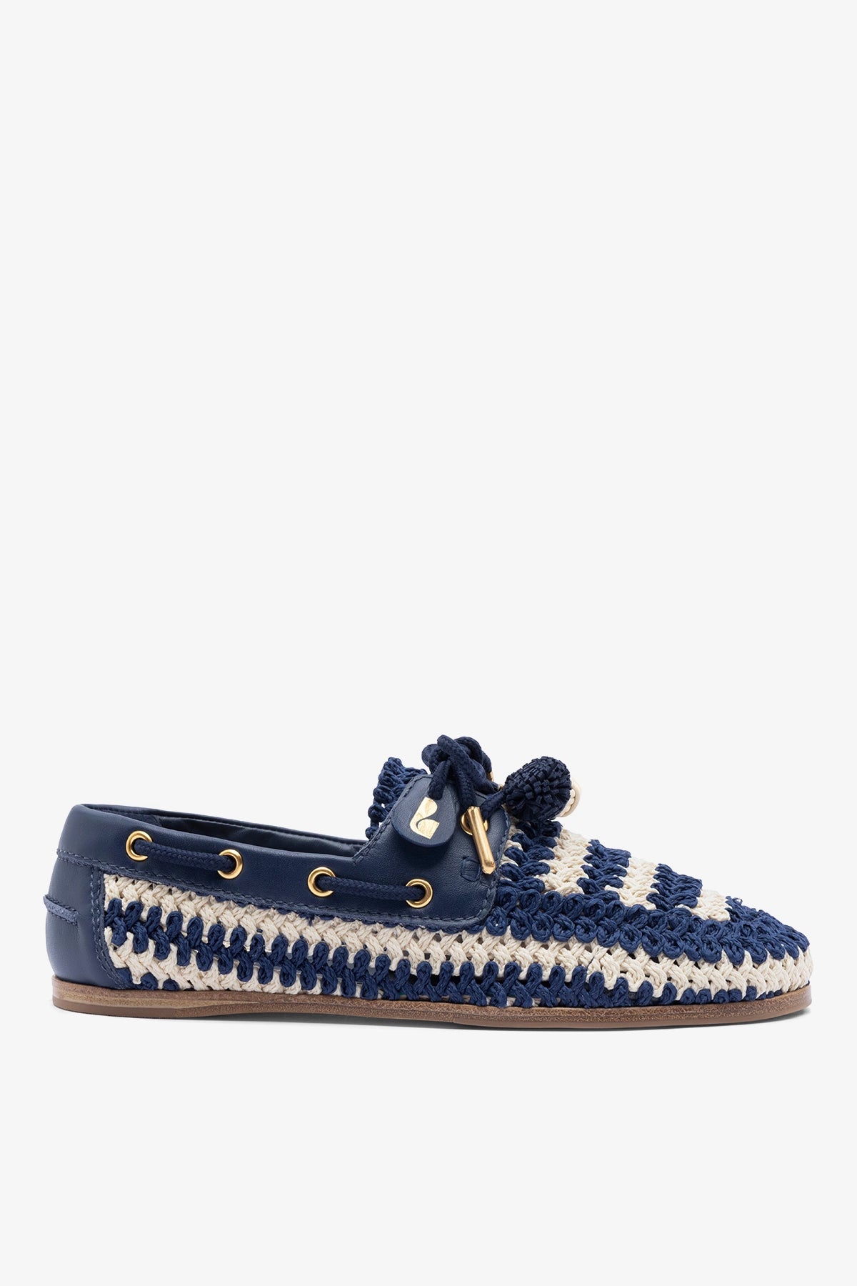 Cyprus Crochet Boat Shoe In Navy and Ivory Crochet and Navy Leather - Larroude