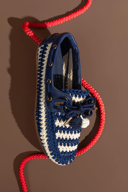 Cyprus Crochet Boat Shoe In Navy and Ivory Crochet and Navy Leather - Larroude
