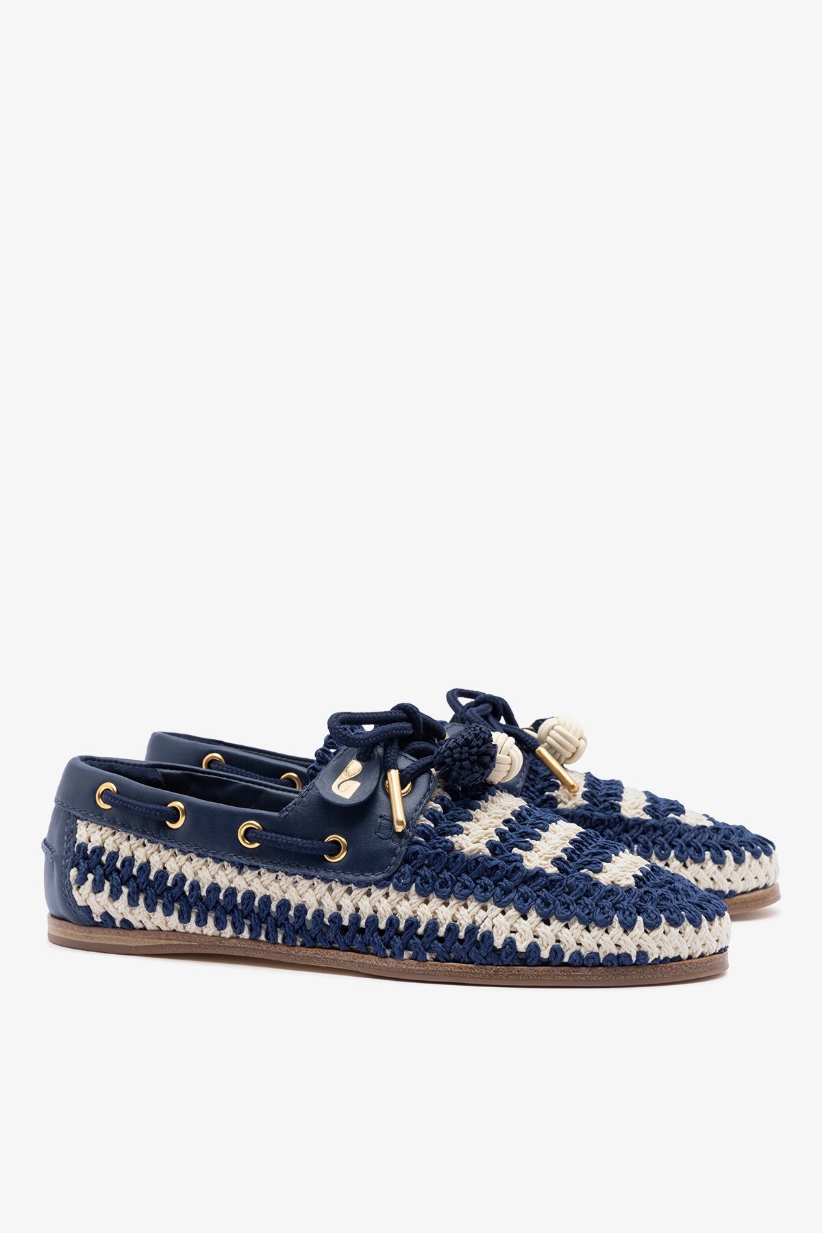 Cyprus Crochet Boat Shoe In Navy and Ivory Crochet and Navy Leather - Larroude