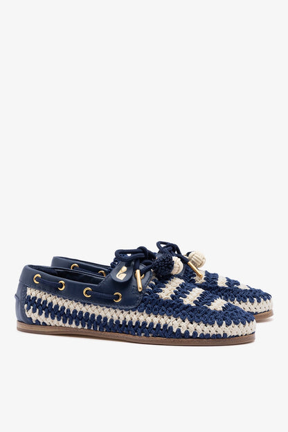 Cyprus Crochet Boat Shoe In Navy and Ivory Crochet and Navy Leather - Larroude