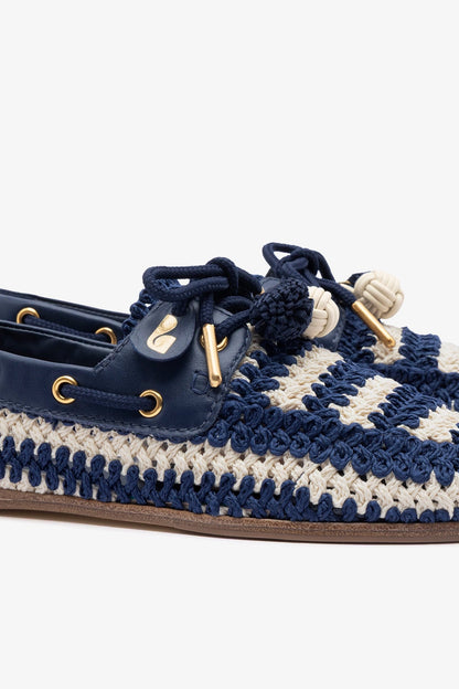 Cyprus Crochet Boat Shoe In Navy and Ivory Crochet and Navy Leather - Larroude