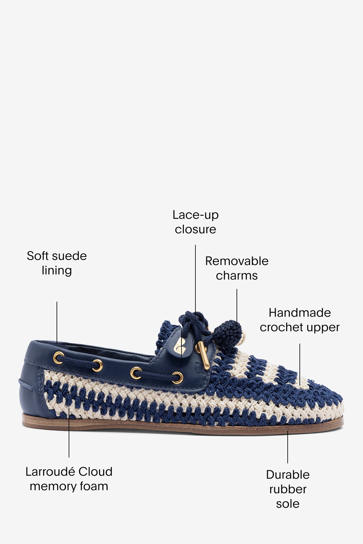 Cyprus Crochet Boat Shoe In Navy and Ivory Crochet and Navy Leather - Larroude