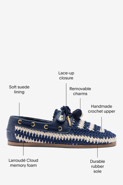Cyprus Crochet Boat Shoe In Navy and Ivory Crochet and Navy Leather - Larroude