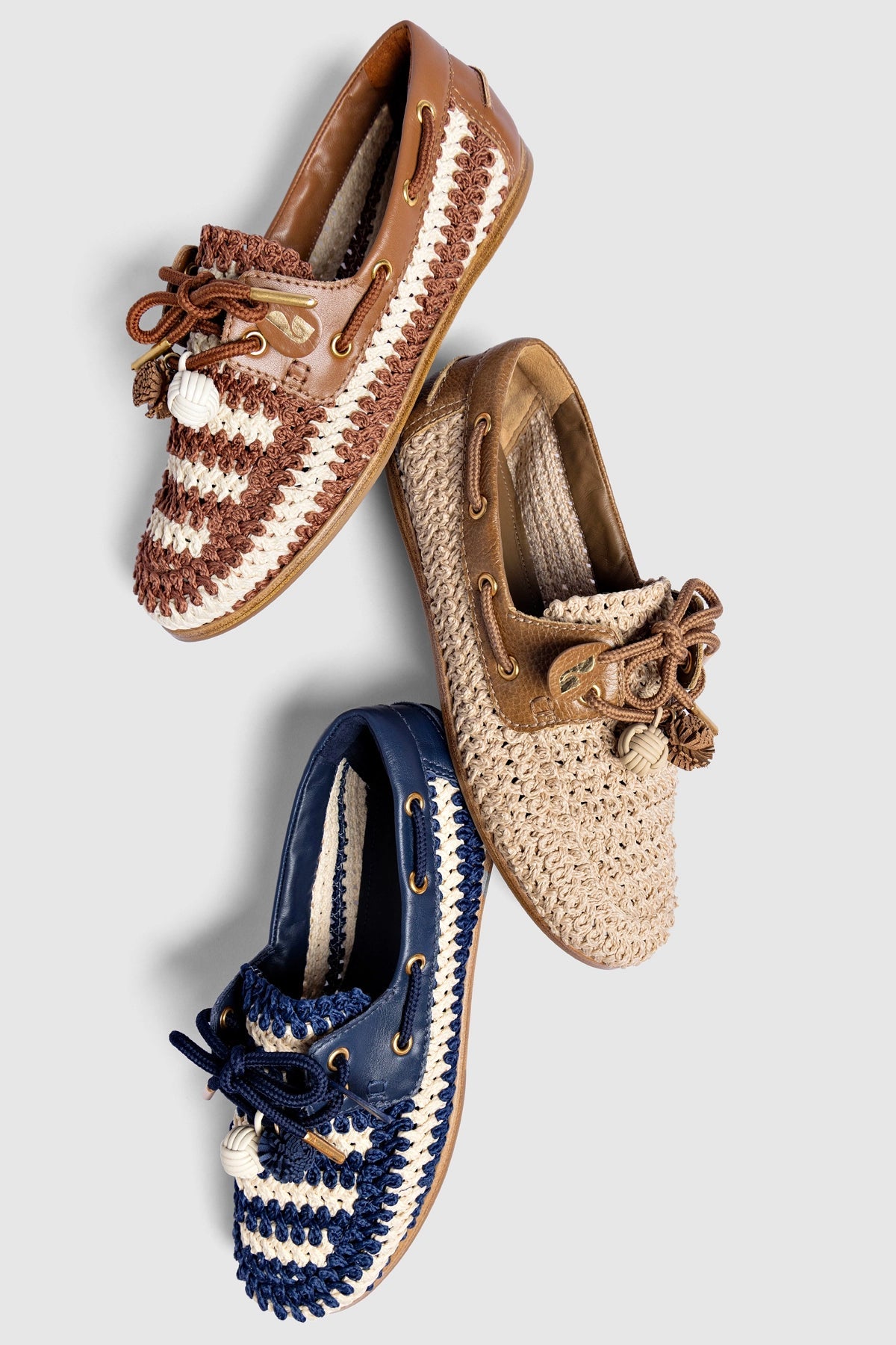 Cyprus Crochet Boat Shoe In Navy and Ivory Crochet and Navy Leather - Larroude