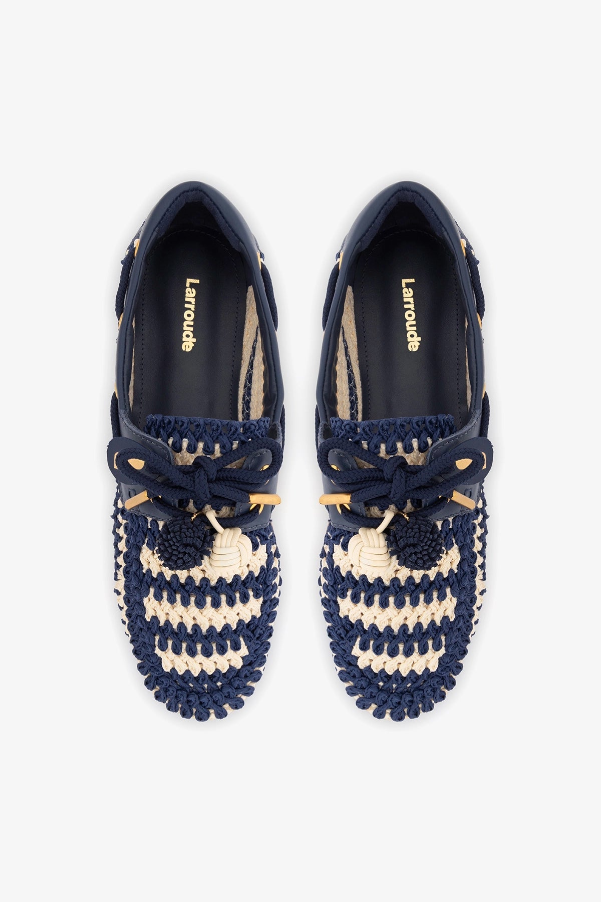 Cyprus Crochet Boat Shoe In Navy and Ivory Crochet and Navy Leather - Larroude