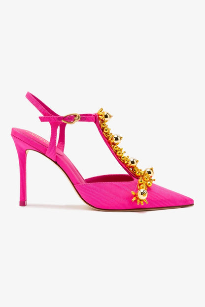 Larroudé x Libertine Pump In Magenta Fabric and Golden Balls - Larroude