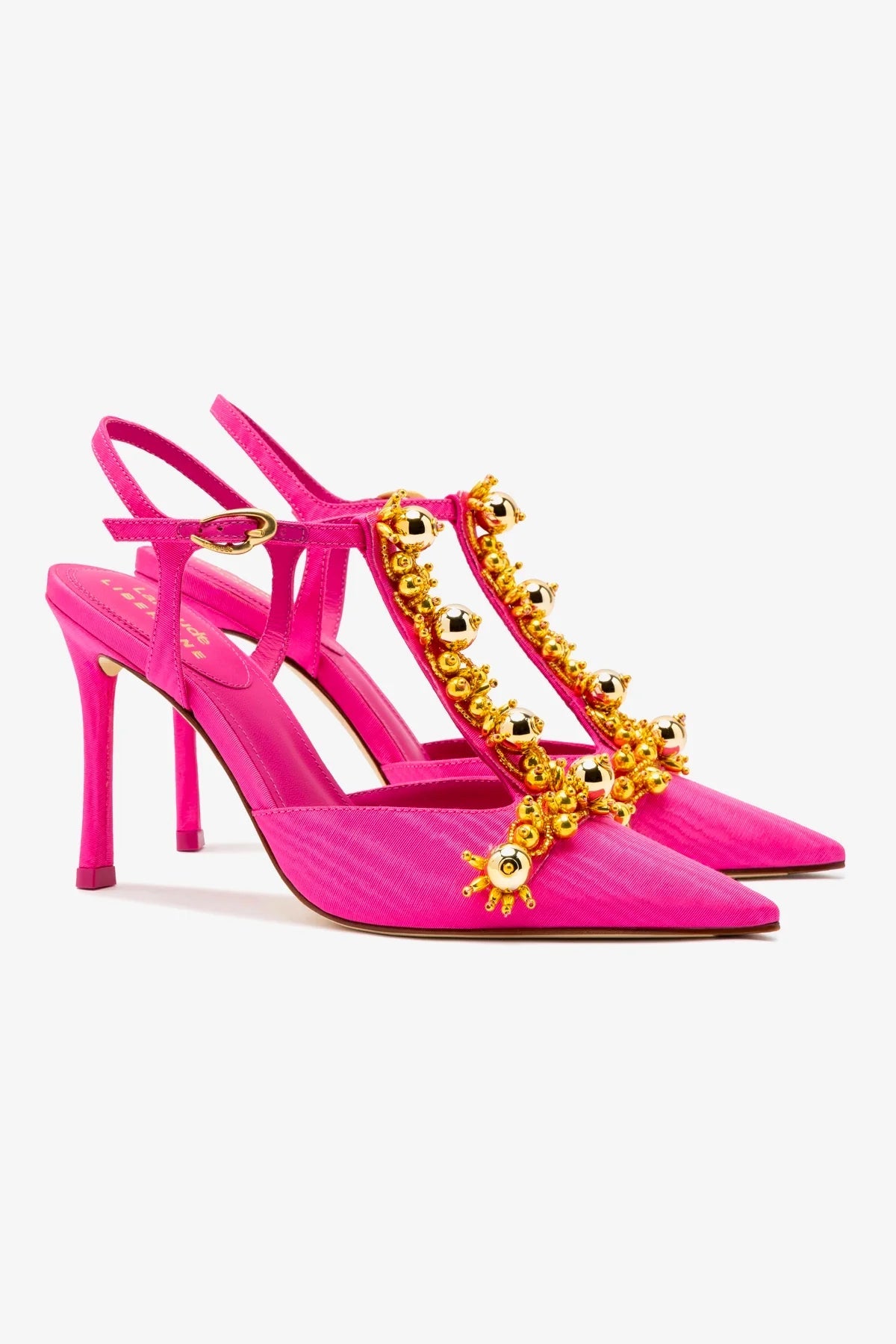Larroudé x Libertine Pump In Magenta Fabric and Golden Balls - Larroude