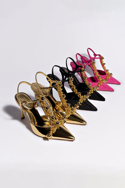 Larroudé x Libertine Pump In Magenta Fabric and Golden Balls - Larroude