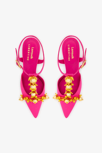 Larroudé x Libertine Pump In Magenta Fabric and Golden Balls - Larroude