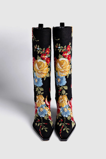 Larroudé x Markarian Florencia Boot In Floral Embroidery Black Fabric - Larroude
