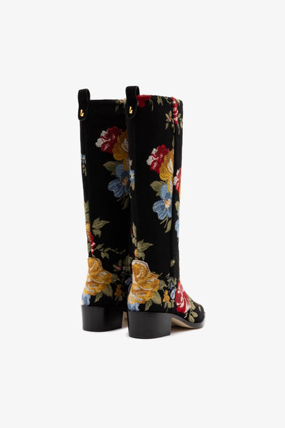Larroudé x Markarian Florencia Boot In Floral Embroidery Black Fabric - Larroude