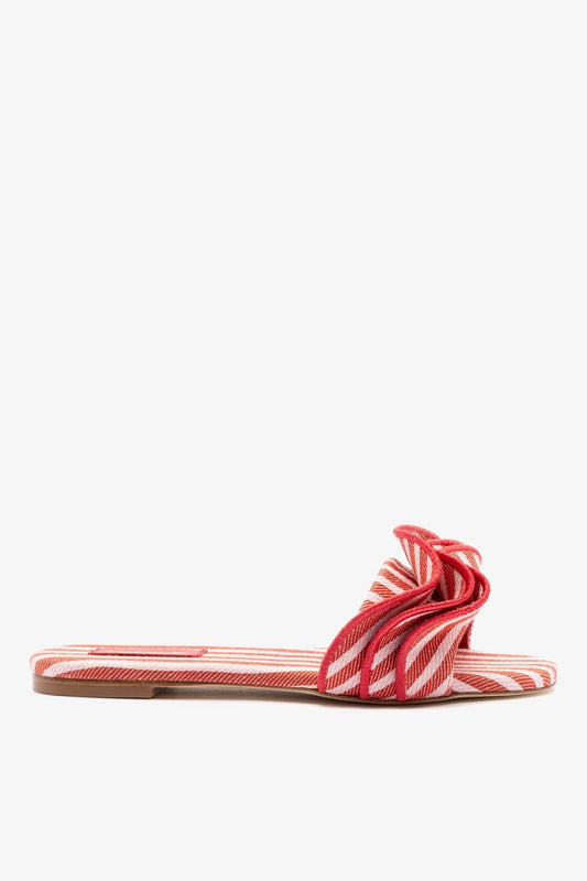 Ivy Ruffle Flat Carmine Striped Canvas - Larroude