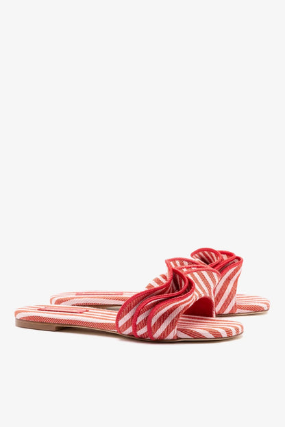 Ivy Ruffle Flat Carmine Striped Canvas - Larroude