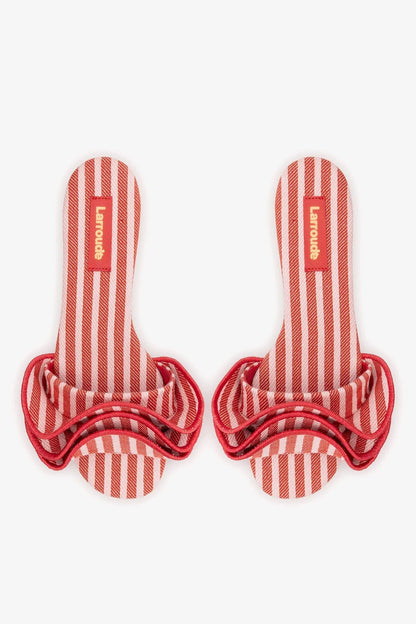 Ivy Ruffle Flat Carmine Striped Canvas - Larroude