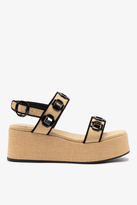 Milan Flatform In Beige Raffia and Black Trimming - Larroude