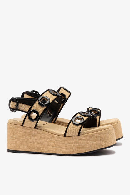 Milan Flatform In Beige Raffia and Black Trimming - Larroude