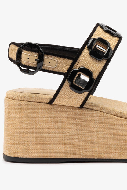 Milan Flatform In Beige Raffia and Black Trimming - Larroude