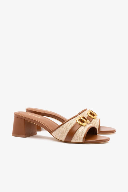 Franca Block Sandal In Natural Raffia And Caramel Leather - Larroude