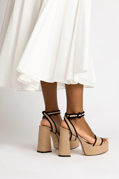 Dolly Sandal In Beige Raffia and Black Trimming - Larroude