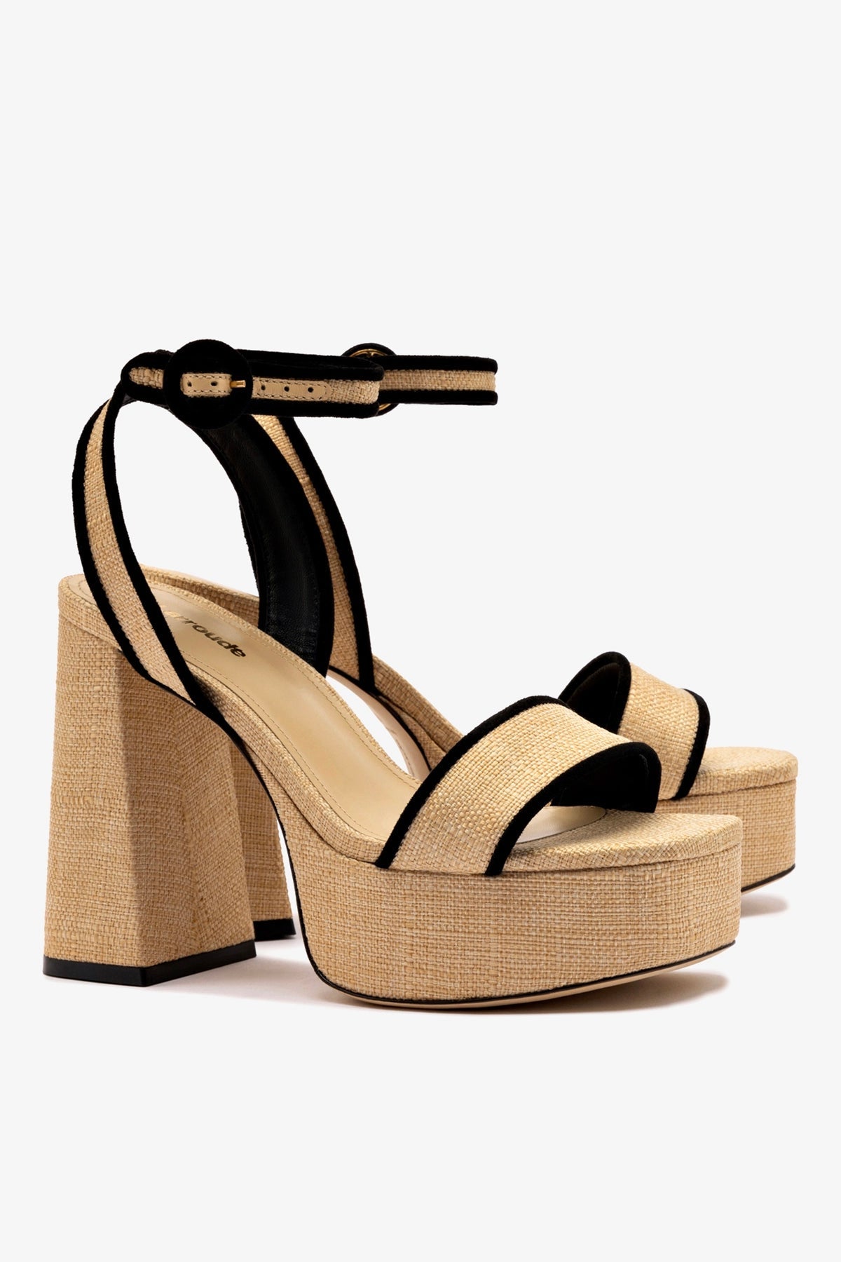 Dolly Sandal In Beige Raffia and Black Trimming - Larroude