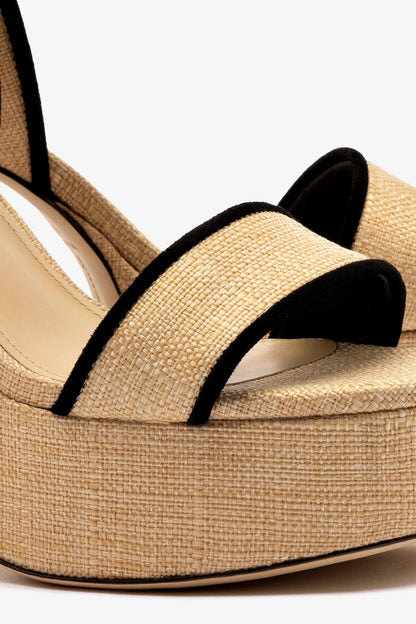 Dolly Sandal In Beige Raffia and Black Trimming - Larroude