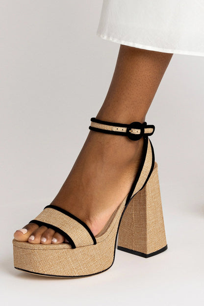Dolly Sandal In Beige Raffia and Black Trimming - Larroude