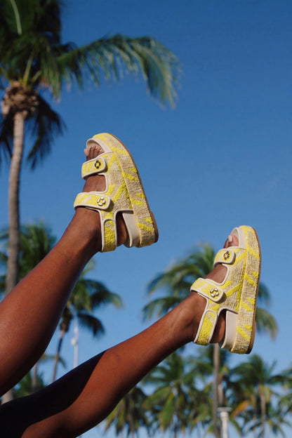 Jetty Sandal Yellow Printed Fabric - Larroude