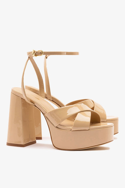 Dolly X Platform Sandal In Sand Patent Leather - Larroude