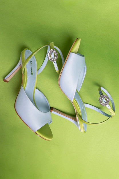 Jasmine Sandal Powder Blue and Green Satin - Larroude