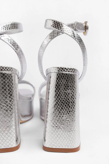 Dolly Platform Sandal Silver Snake Leather - Larroude